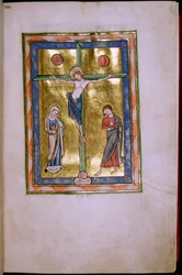 Ms.12.f12r Kreuzigung mit der Jungfrau und St. Johannes, aus dem Peterborough Psalter, c.1260